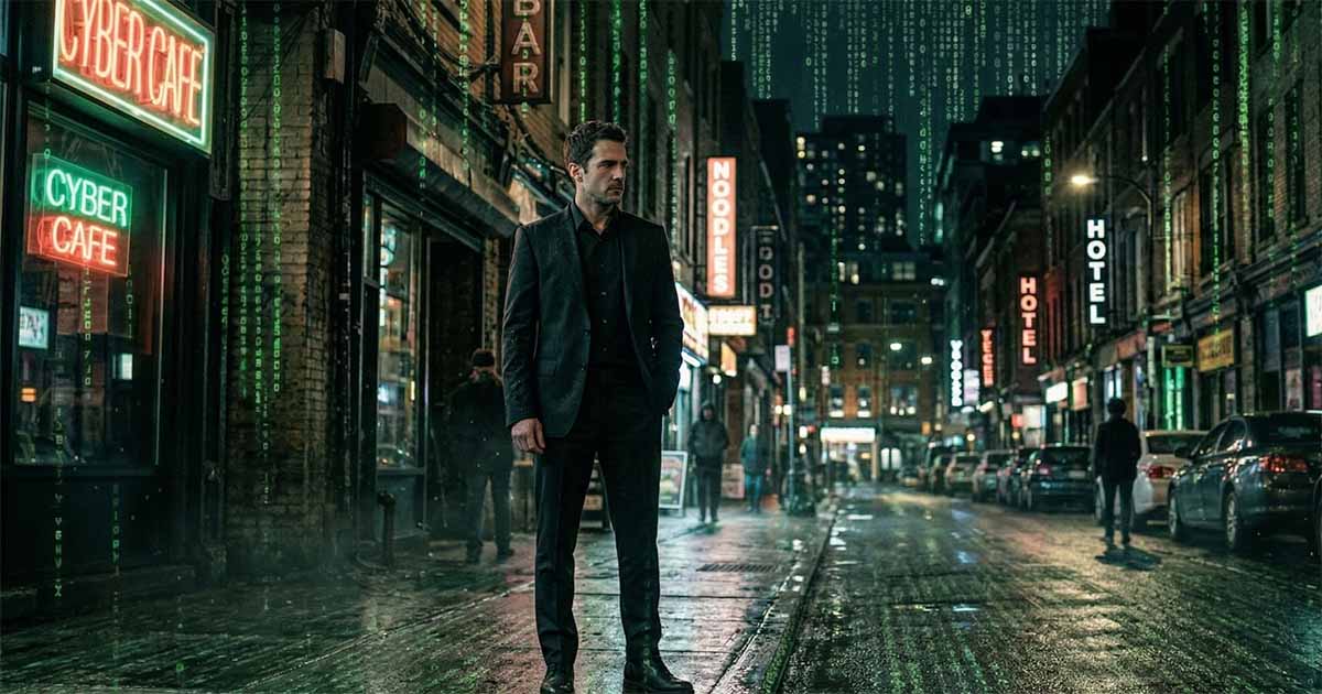 Man standing on city street at night with green digital code overlay suggesting hidden simulated reality.