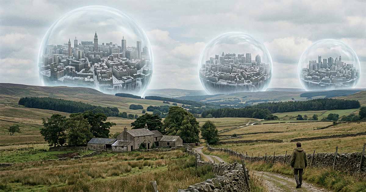 A rural landscape with a farmhouse and lone figure in the foreground, while three large transparent spheres in the distance contain frozen cities suspended in time.