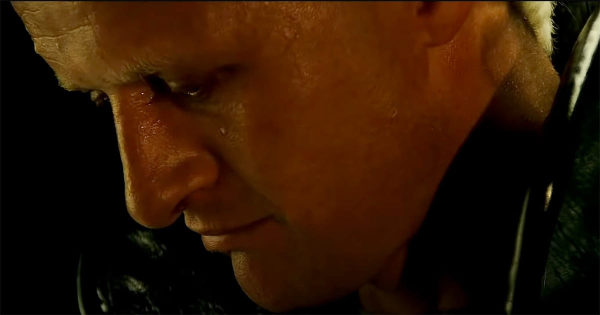 Roy Batty close up in "Blade Runner" 1982 reflecting on his short lifespan as a bioengineered human.