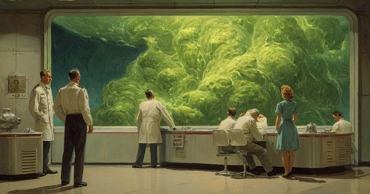 Scientists observing vast unknown alien phenomenon through large viewing window in classic science fiction laboratory setting.