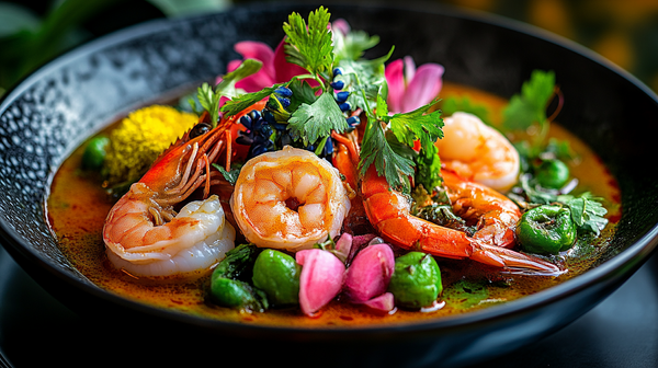 A black bowl filled with shrimp in a spiced broth, garnished with fresh cilantro, edible flowers, and green peppers.