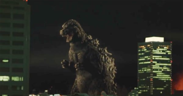 Godzilla rises amid the skyline of Tokyo, a colossal shadow against the lights of human ambition.