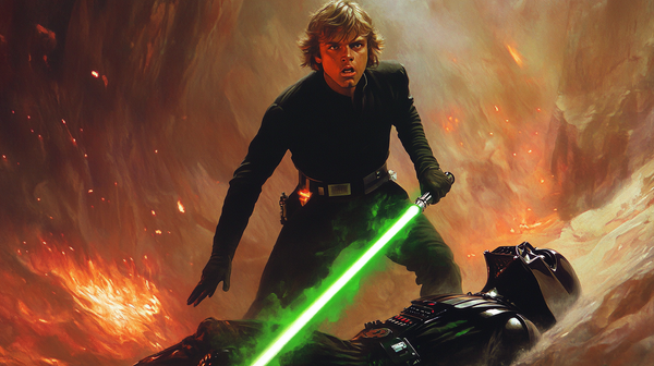 Luke Skywalker holding a green lightsaber over Darth Vader in a fiery setting.