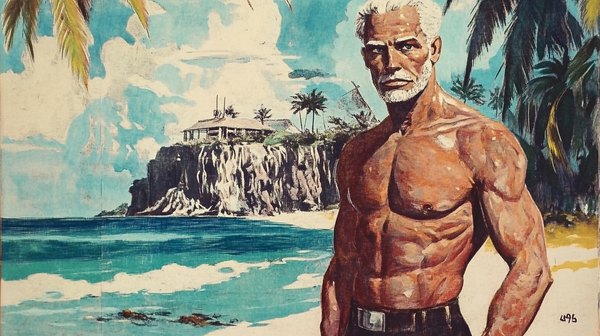 Illustration of a muscular white-haired man standing on a tropical beach near a cliffside compound.