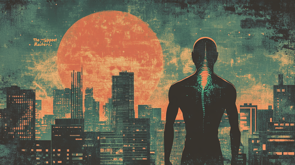 Silhouette of a man with an alien parasite on his back overlooking a 1950s city under a large red moon