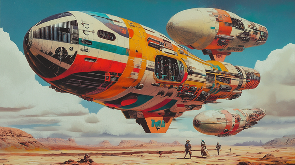 Colorful starships launching over a desert with figures watching below.