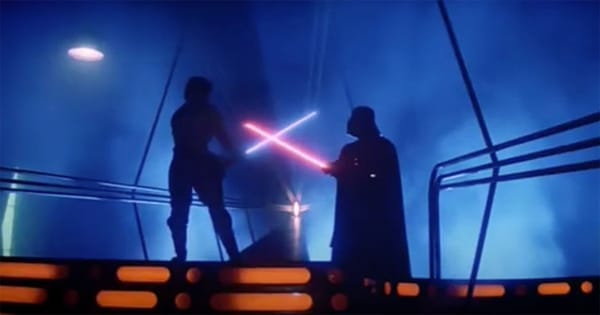 Luke Skywalker and Darth Vader dueling in the carbon-freezing chamber in "The Empire Strikes Back"
