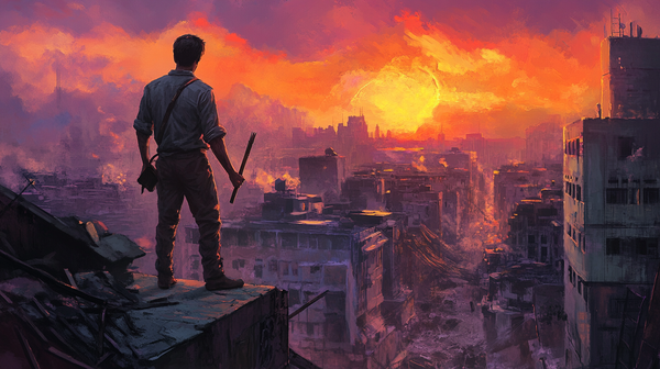 Man in a button-down shirt standing on a rooftop with a wooden stake, overlooking a ruined city at sunset, evoking solitude and responsibility in a post-apocalyptic landscape.