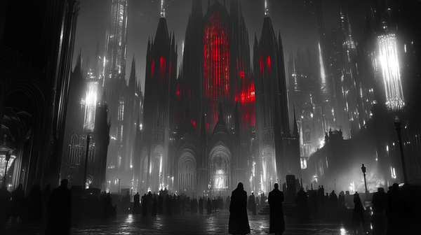Dark futuristic cathedral with glowing red windows and shadowy figures in a dystopian cityscape, reflecting the Hierarchy in "Gather, Darkness!"