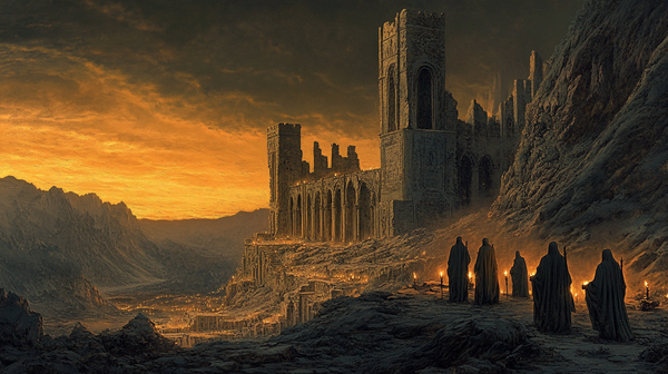 Robed monks with torches approach a crumbling desert monastery at sunset, symbolizing the preservation of knowledge after a fallen civilization.