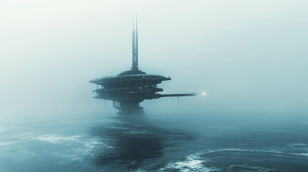 Surreal space station tethered above the surface of a mysterious alien ocean under dense blue fog with a shadowed planet in the distance