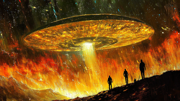 Silhouetted figures stand beneath a glowing alien spacecraft in a fiery sky, evoking awe and cosmic transformation