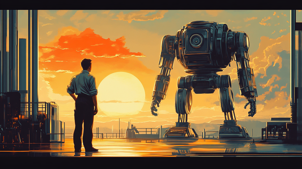 Mid-century style illustration of Dan Davis and his robot companion facing a glowing sunrise, symbolizing resilience, invention, and the quest for a better future in "The Door into Summer."