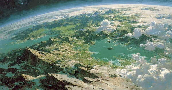 An orbital image of a planet being terraformed.