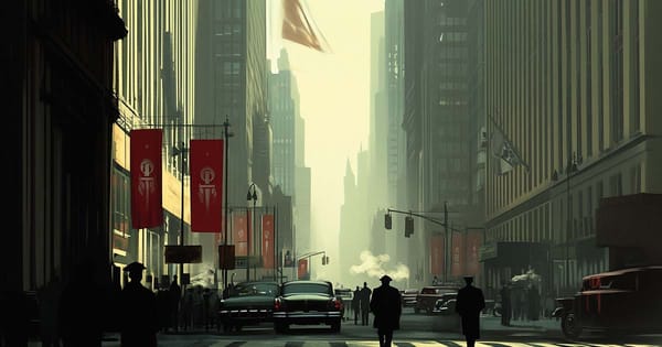Silhouetted figures cross a misty 1960s American city street lined with authoritarian banners under a pale sky