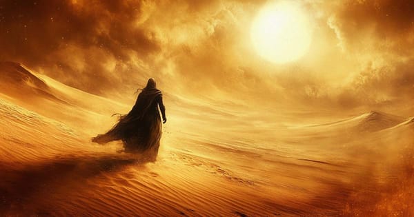 Cloaked figure walking across a glowing desert landscape under a blazing sun, inspired by Frank Herbert's "Dune."