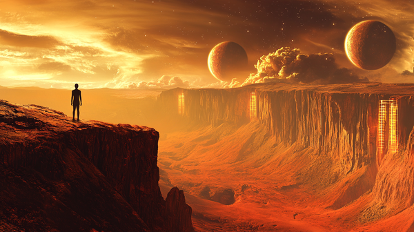 Valentine Michael Smith standing on a Martian cliff at sunset with twin moons and alien structures in the distance