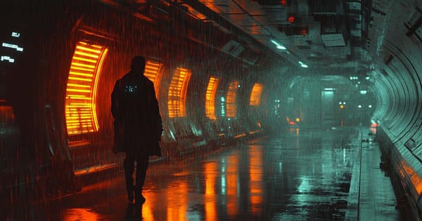A ghostlike figure walks through a starship corridor shimmering with neon rain, suspended between reality and illusion.