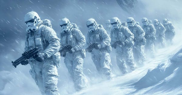 Rebel soldiers advancing through blizzard on Hoth, based on real Norwegian Red Cross volunteers in "The Empire Strikes Back."