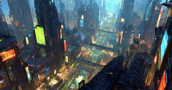 Futuristic megacity at night with towering skyscrapers, neon billboards, and dense crowds viewed from above.