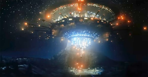 "Close Encounters of the Third Kind" mothership hovering above Devil’s Tower in Spielberg’s 1977 science fiction film.
