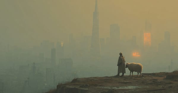 Post-apocalyptic San Francisco skyline with a trench-coated man and a sheep overlooking the city in the style of "Do Androids Dream of Electric Sheep?" — Philip K. Dick 1968.