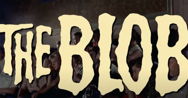 The Blob 1958 movie title card with audience watching in background.