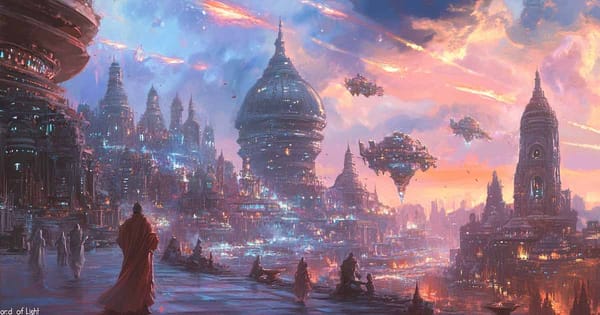 Futuristic cityscape with temple-like towers, floating ships, and robed figures inspired by "Lord of Light."