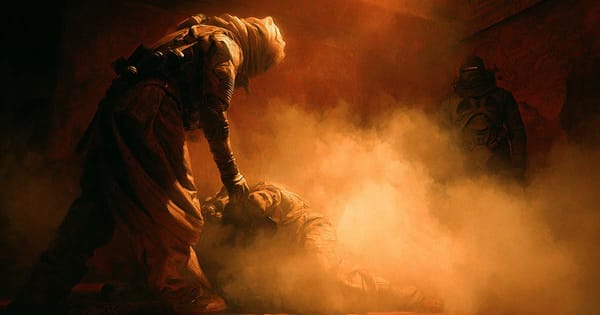 Umman Kudu, armored guard captain, caught in a green gas cloud beside Baron Harkonnen.