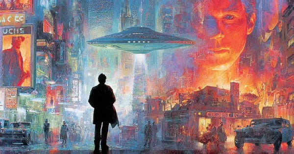 Retro-futuristic sci-fi poster collage.