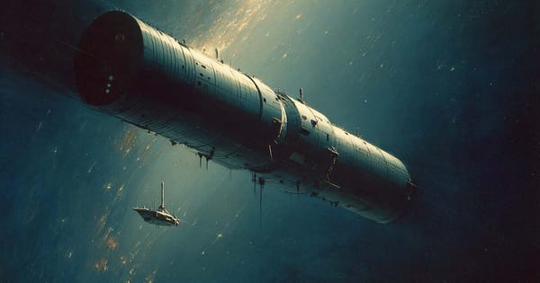 Cylindrical alien spacecraft with a smaller human ship approaching in deep space, inspired by “Rendezvous with Rama” by Arthur C. Clarke.