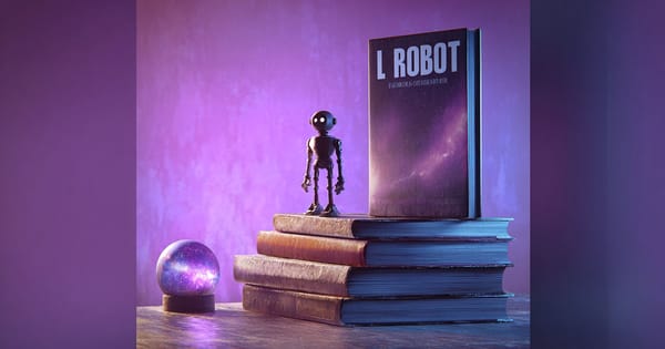 Still life with robot figurine, glowing galaxy sphere, and stack of books inspired by Isaac Asimov science fiction themes.