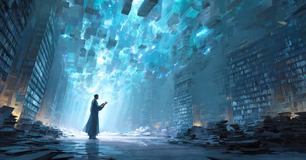 A lone futuristic archivist standing in a vast digital library with glowing fragments of books floating above.