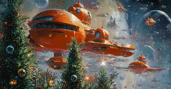 Retro science fiction Christmas artwork with futuristic orange starships and decorated trees.