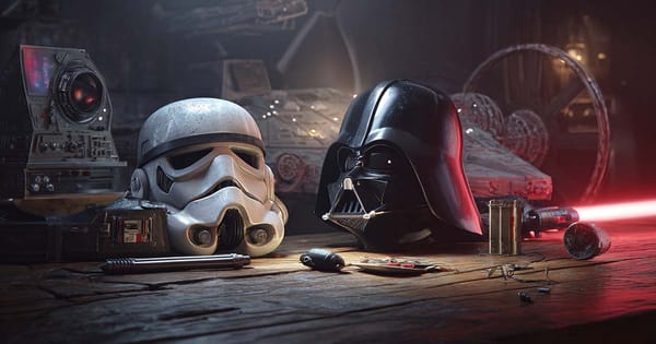 Star Wars Original Trilogy tribute featuring Darth Vader and stormtrooper helmets, Millennium Falcon, and lightsaber in cinematic lighting.