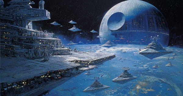Massive Imperial Star Destroyers orbit a planet while the Death Star looms in the background, painted in the classic 1970s science fiction style of John Berkey.