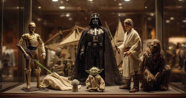 Curated Star Wars collectible display featuring Luke Skywalker, Darth Vader, Yoda, C-3PO, Chewbacca, and Obi-Wan Kenobi in a museum style case