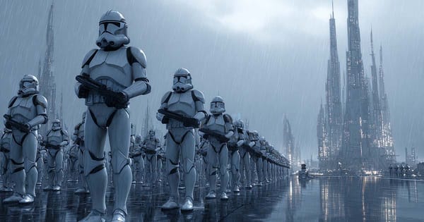 Clone troopers in white armor standing in formation on the rain soaked platforms of Kamino during the creation of the Clone Army.