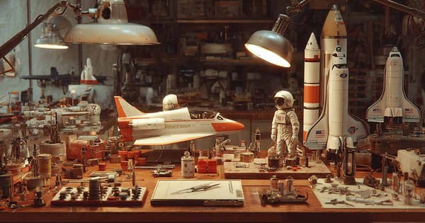 Science fiction model building workbench with spacecraft kits, astronaut figure, rockets, tools, and parts arranged under warm workshop lighting.