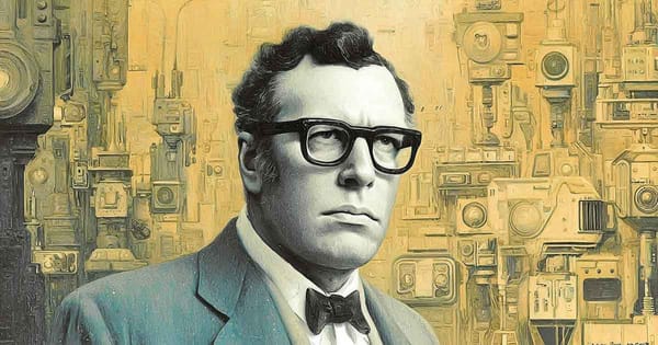 Generated image of Isaac Asimov with glasses standing before a detailed futuristic machine filled background.