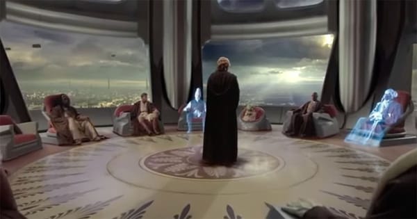 The Jedi Council assembled in the Coruscant chamber during the final years of the Galactic Republic.