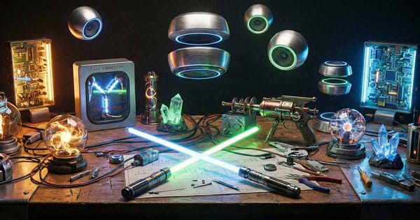 A crowded table of imagined future machines, alive with light, energy, and the promise of invention.