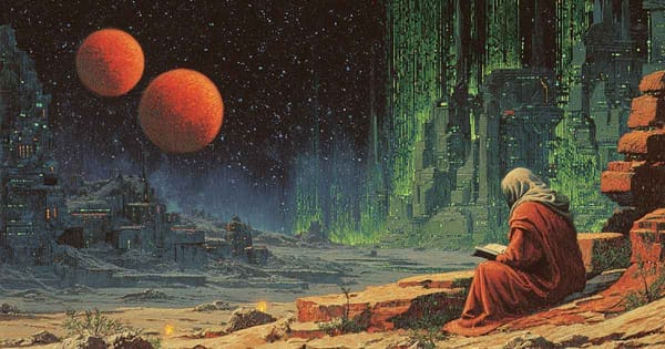 Robed figure reading in ruined city beneath twin suns, symbolizing memory and survival in classic science fiction.