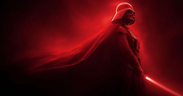 Dark armored space warrior with flowing cape and red energy blade against deep red and black background.