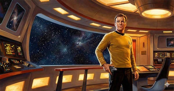 Gold uniformed starship captain standing on classic science fiction bridge with phaser in hand and stars visible through wide viewport in retro space art style.