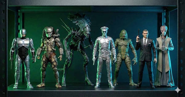 Science fiction action figures displayed on a shelf under green and blue lighting.