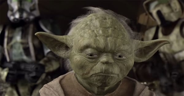 Yoda sensing Order 66 as clone troopers stand behind him during the fall of the Jedi Order