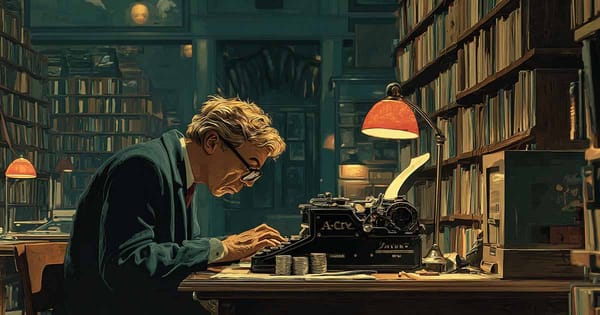 Ray Bradbury writing on a coin operated typewriter in a library.