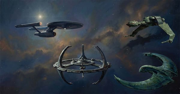 Star Trek ships and station including USS Enterprise Klingon Bird of Prey Romulan Warbird and Deep Space Nine positioned in space against a nebula background.