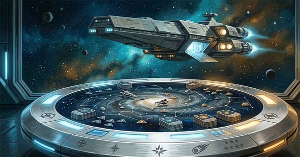 Star Trek inspired board game table in space with starship above and cards and miniatures arranged like a galaxy.